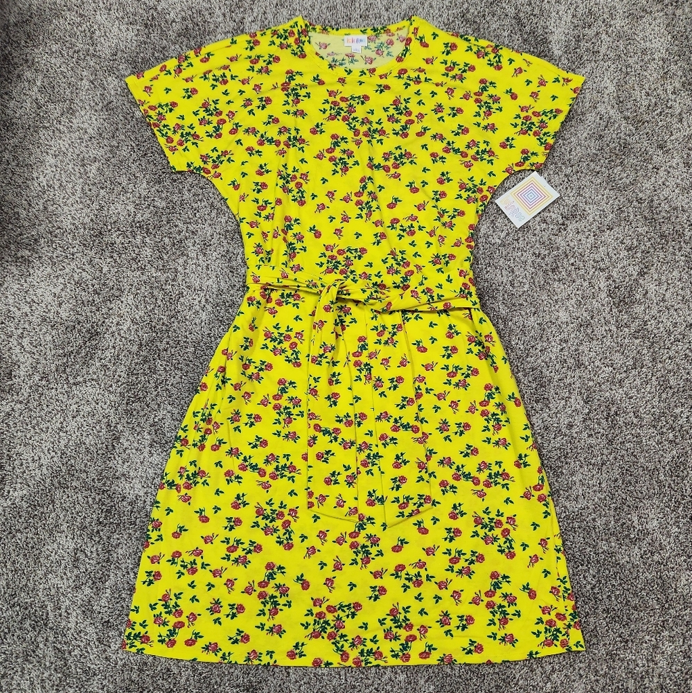 LuLaRoe Marly Neon Yellow Floral Print Belted Midi Dress With Pockets